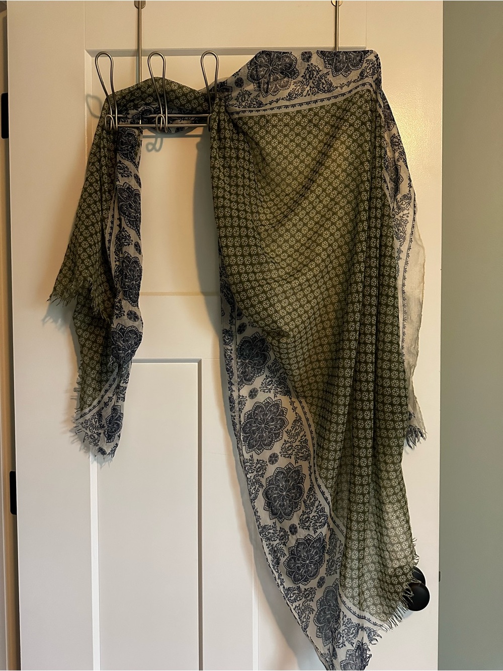 Olive Green Navy and Ivory Patterned Lightweight Scarf